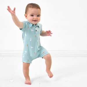 Little Sleepies | Easter Play Bunny Hops Polo Shorty Romper | 6-12 months